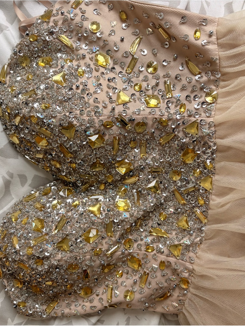 Sherri Hill Blush Tulle Prom Dress with Gold and Crystal Embellishments